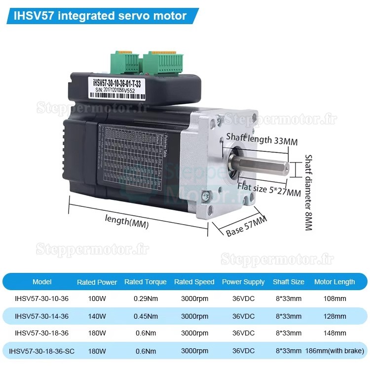 Servomoteur CA intégré Nema 23 JMC iHSV57-30-10-36 100W 36V 0,29N.m 3,5A triphasé 3000tr/min