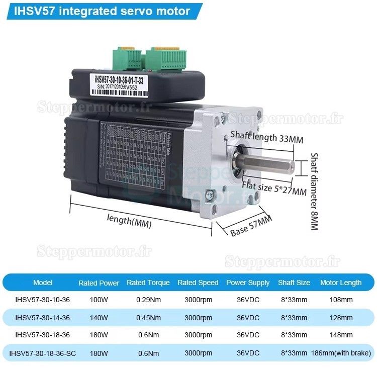 Servomoteur CA intégré Nema 23 JMC iHSV57-30-14-36 140W 36V 0,45N.m 5,4A triphasé 3000tr/min