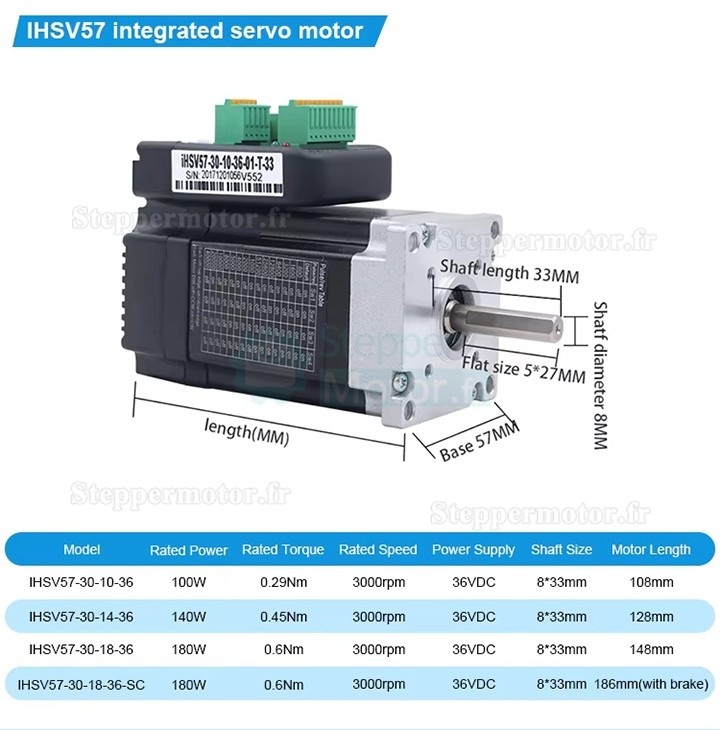 Servomoteur intégré Nema 23 JMC iHSV57-30-18-36-21-38-SC 180W 36V 0,65N.m triphasé 3000tr/min avec frein