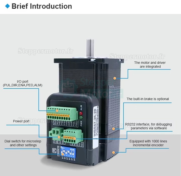 Servomoteur CA intégré Nema 23 JMC iHSV57-30-18-36 180W 36V 0,6N.m triphasé 3000tr/min