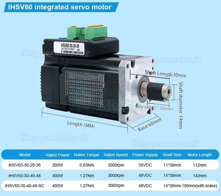 Servomoteur intégré Nema 23 JMC iHSV60-30-20-36 200W 36V 0,65N.m triphasé 3000tr/min 60 x 60 mm