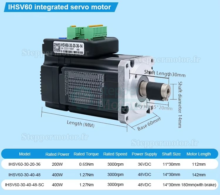 Servomoteur CA intégré Nema 23 JMC iHSV60-30-40-48-SC 400W 48V 1,27N.m triphasé 3000tr/min avec frein