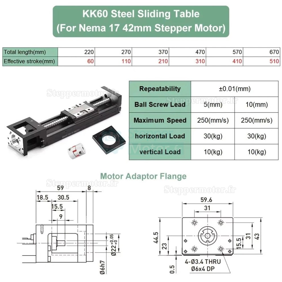 Module de glissement lin&eacute;aire OSP001617, table coulissante CNC compatible avec moteurs pas &agrave; pas Nema23 et 34 / servomoteurs de 40 mm