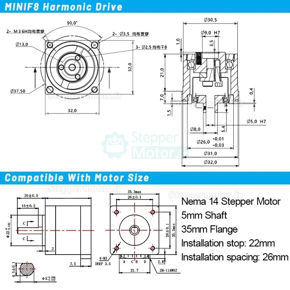 Motor&eacute;ducteur harmonique nema 14 / nema 17 avce Rapport 30:1/50:1/100:1 r&eacute;ducteur harmonique