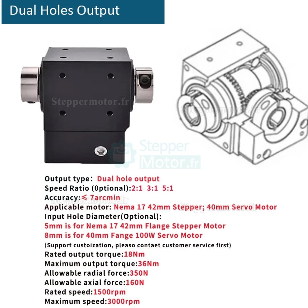 R&eacute;ducteurs &agrave; engrenage conique &agrave; angle droit Nema 17 rapport 2:1/3:1/5:1 pour moteur pas &agrave; pas Nema17