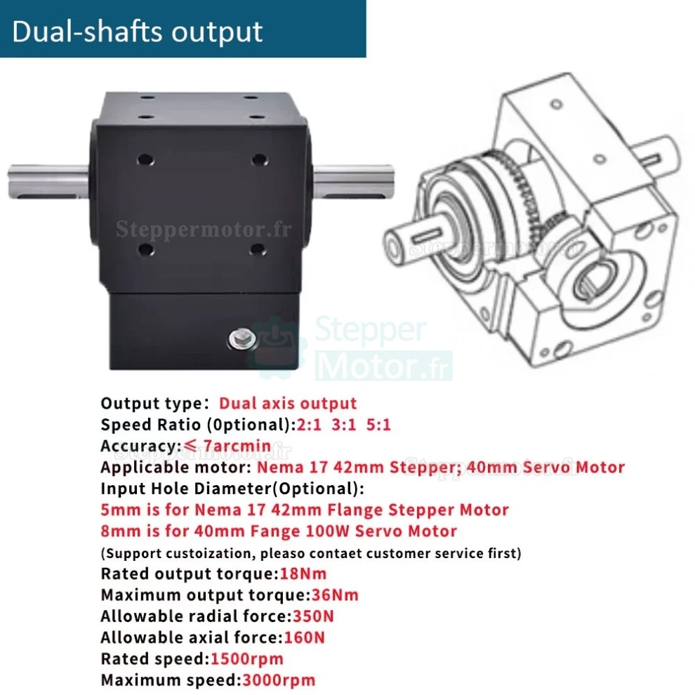 R&eacute;ducteurs &agrave; engrenage conique &agrave; angle droit Nema 17 rapport 2:1/3:1/5:1 pour moteur pas &agrave; pas Nema17