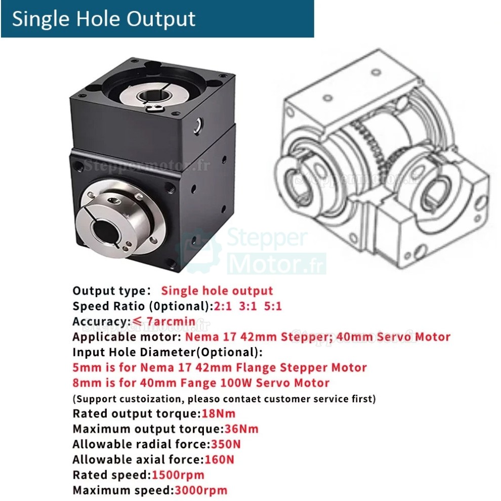 R&eacute;ducteurs &agrave; engrenage conique &agrave; angle droit Nema 17 rapport 2:1/3:1/5:1 pour moteur pas &agrave; pas Nema17