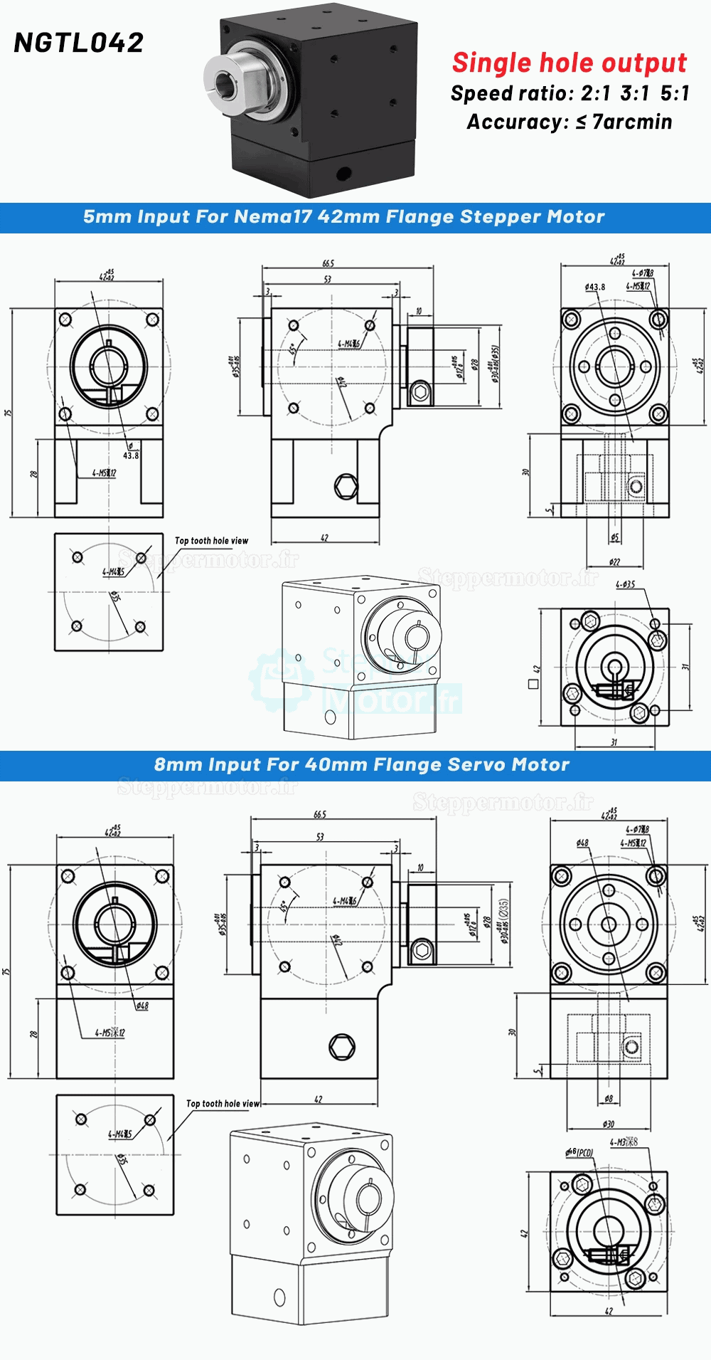 R&eacute;ducteurs &agrave; engrenage conique &agrave; angle droit Nema 17 rapport 2:1/3:1/5:1 pour moteur pas &agrave; pas Nema17