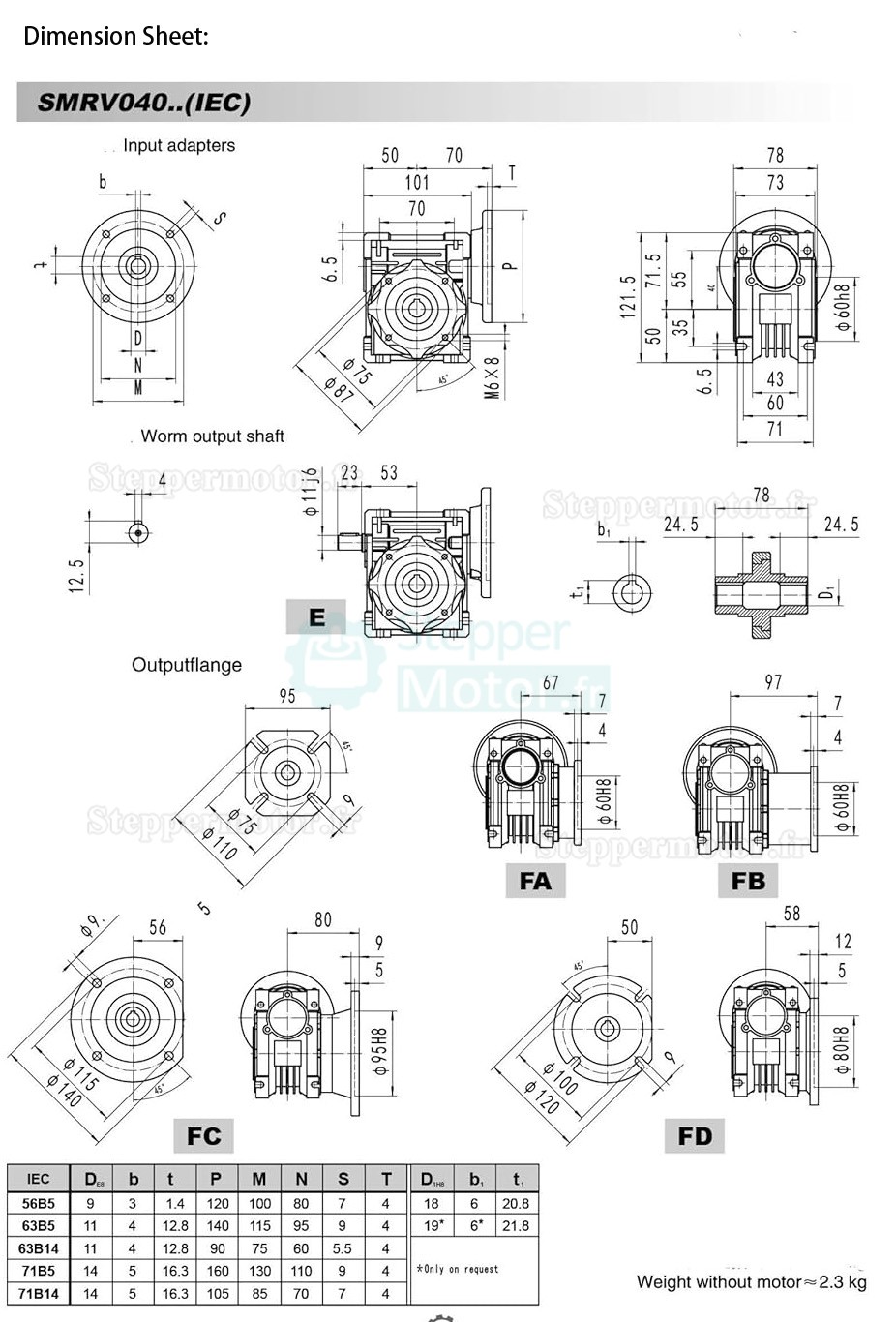 Réducteur à vis sans fin rond RV040 71B14/71B5 Rapport 5:1 10:1 20:1 30:1 40:1 arbre d'entrée 14mm