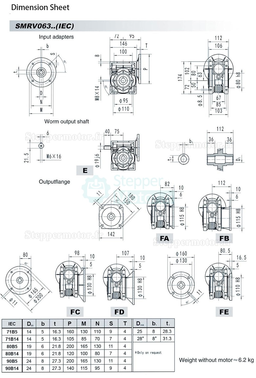 Réducteur à vis sans fin rond RV063 80B5/90B14 Rapport 7.5:1 10:1 15:1 20:1 30:1 arbre d'entrée 19mm/24mm