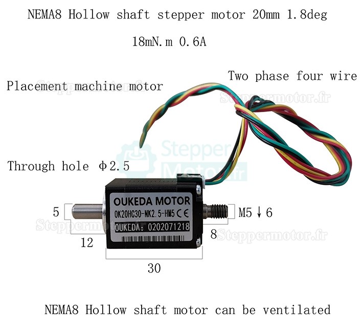 Moteur pas à pas à arbre creux NEMA8 Oukeda OSP001493 1,8 degrés 1,8 Ncm pour machine de placement