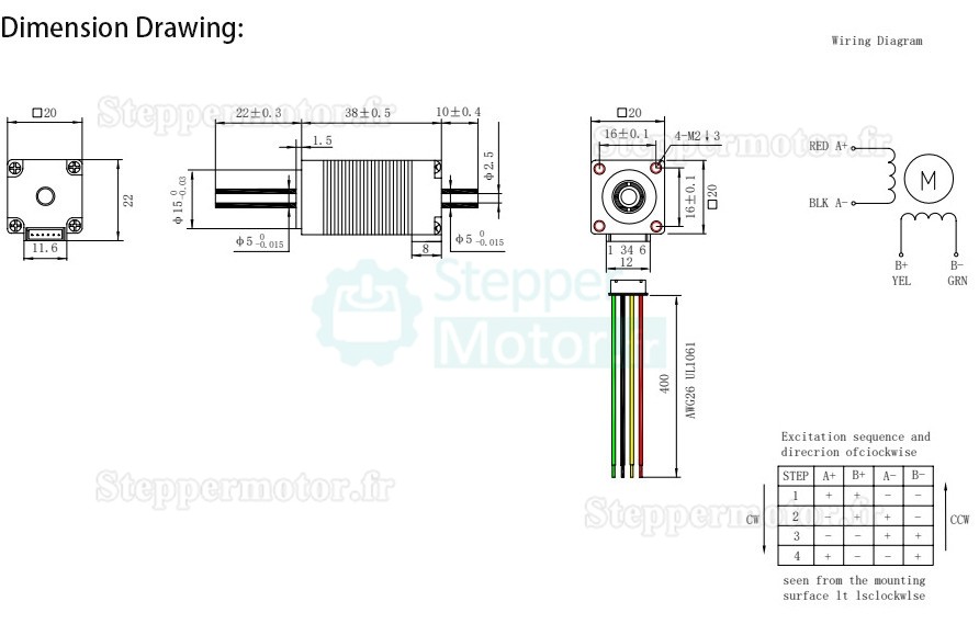 Moteur pas à pas à arbre creux Nema 8 OK20HC38-22NK1 bipolaire 1,8 degrés 3,13 Ncm 0,6 A 5,4 V 2 phases double arbre