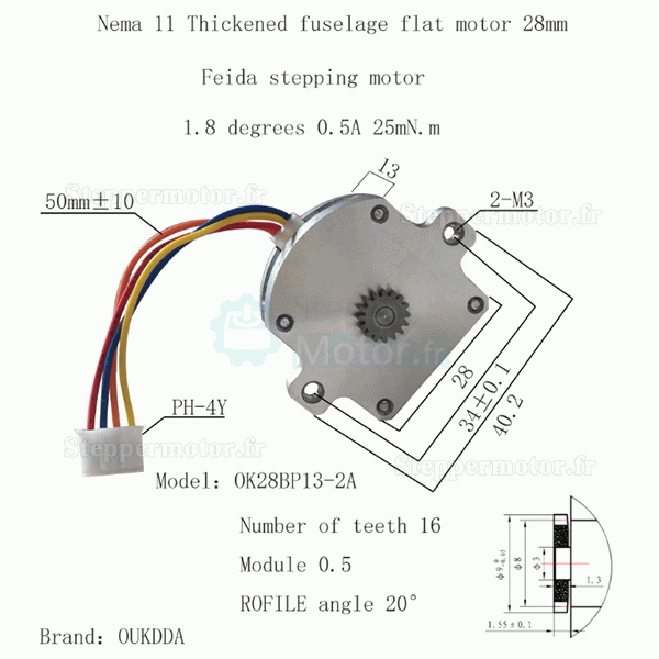 Moteur pas à pas plat Nema 11 OK28BP13-2A, biphasé, 1,8 degrés, 2,5 Ncm, 4 fils
