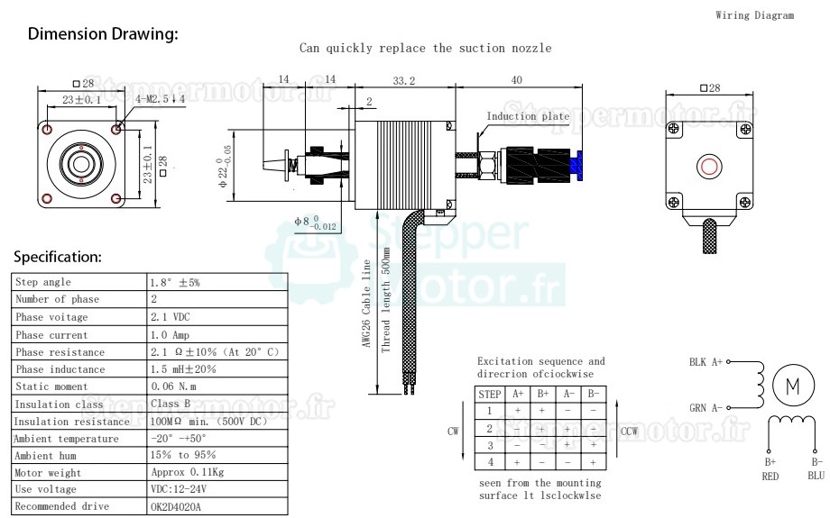 Moteur pas à pas Nema 11 Oukeda OK28FD33DL-ZC-SX pour machine de placement CMS 1,8° 6Ncm biphasé avec buse d'amortissement