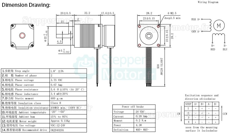 Moteur pas à pas NEMA 17 Oukeda 17HS4401 1,8° 45Ncm biphasé pour imprimante 3D et robotique