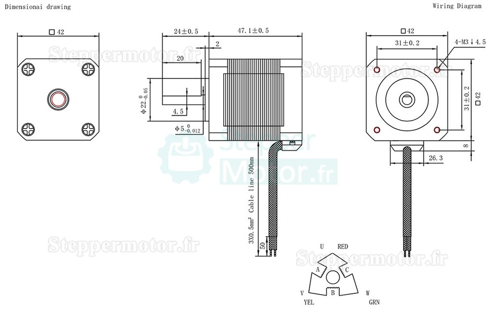 Moteur pas à pas NEMA 17 Oukeda OK423P47-154A 1,2 degrés 32 Ncm triphasé 1,5 A 5,4 V CC D-cut