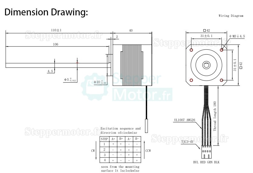 Moteur pas à pas linéaire non-captive acme Nema 17 Oukeda OK42FD40104A-110B 1,8 degrés 49Ncm Vis mère 110 mm