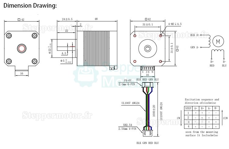 Moteur pas à pas haute température Nema 17 Oukeda OSP001461 1,8° 60 Ncm Classe d'isolation B 180 °C