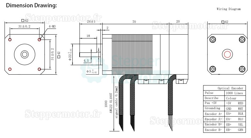 Moteur pas à pas fermé Nema 17 Oukeda OSP001492 avec codeur optique, triphasé, 20Ncm, 4V, 64W, 3000tr/min, 42 x 42 mm