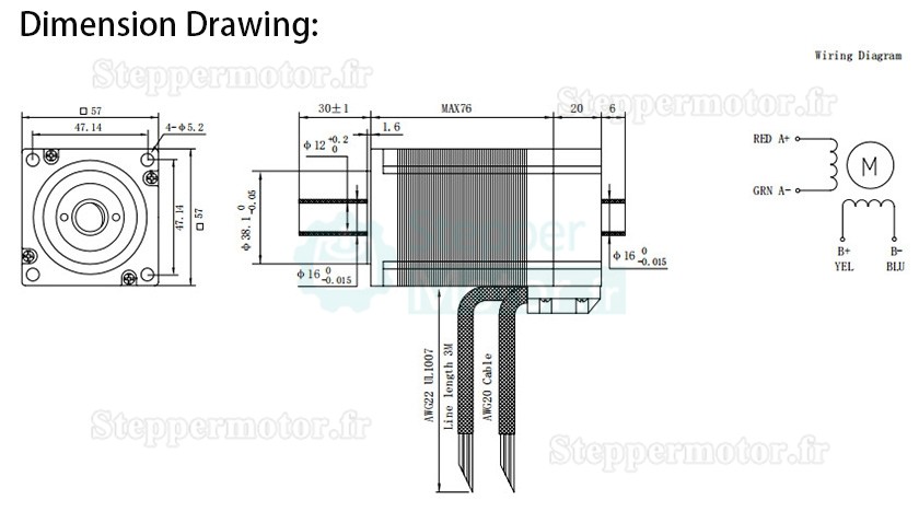 Moteur pas à pas à arbre creux Nema 23 OK57DL76EC1-B-NK30 bipolaire 1,8 degrés 1,89 Nm 4,2A 2,52V double arbre