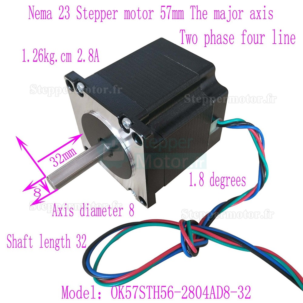 Moteur pas à pas NEMA 23 Oukeda OK57STH56-2804AD8-32 1,8° 12,35 Ncm biphasé D-Cut