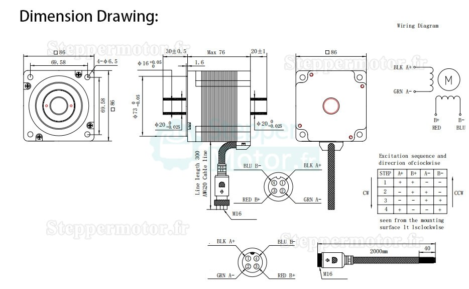 Moteur pas à pas à arbre creux Nema 34 OK86DL76-Q30H20-C1 biphasé 1,8degrés 4,5Nm 6,0A 2,1V double arbre 4 fils