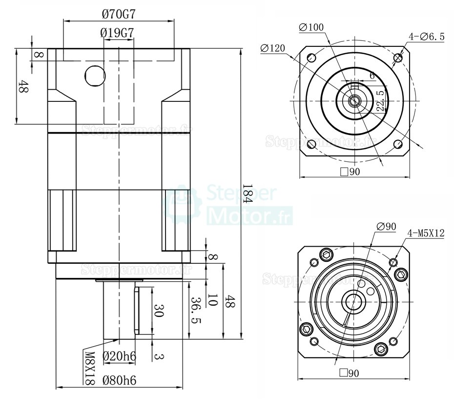 Réducteur planétaire hélicoïdal série PGH090 arbre d'entrée de 19 mm pour moteur pas à pas Nema 34/servomoteur 80-90mm