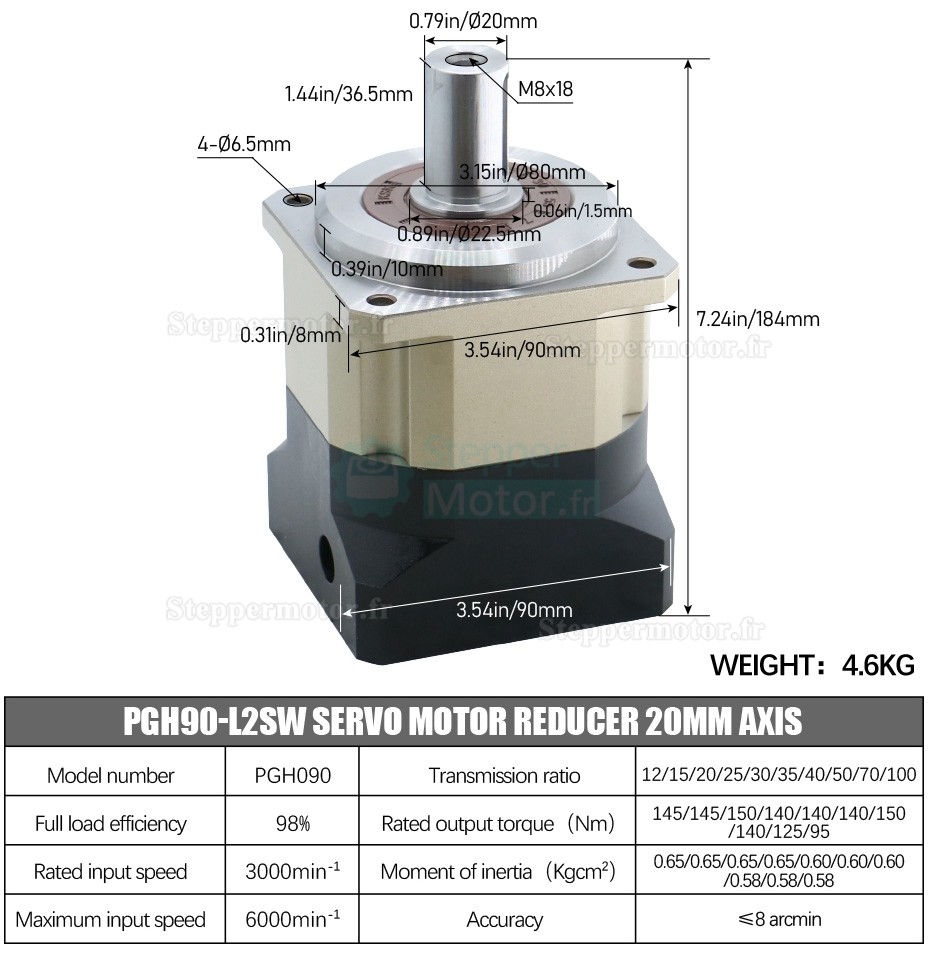 Réducteur planétaire hélicoïdal série PGH090 arbre d'entrée de 19 mm pour moteur pas à pas Nema 34/servomoteur 80-90mm
