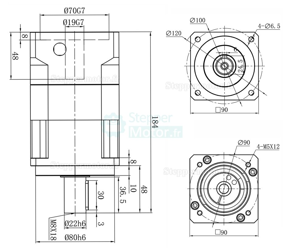 Réducteur planétaire hélicoïdal série PGH090 arbre d'entrée de 19 mm pour moteur pas à pas Nema 34/servomoteur 80-90mm