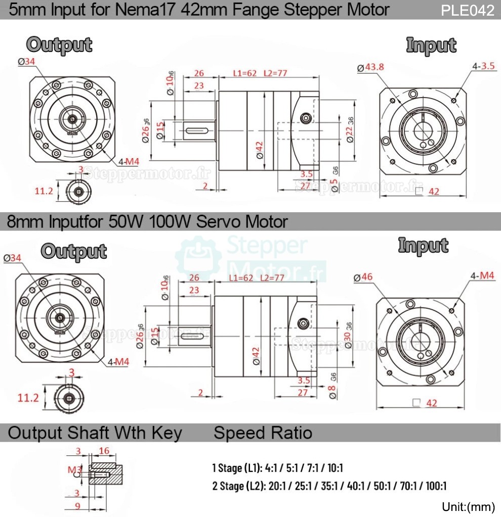 R&eacute;ducteur plan&eacute;taire PLE042 s&eacute;rie rapport 4:1 &agrave; 100:1 pour moteur pas &agrave; pas NEMA 17 / servomoteur 40 mm 50 W / 100 W
