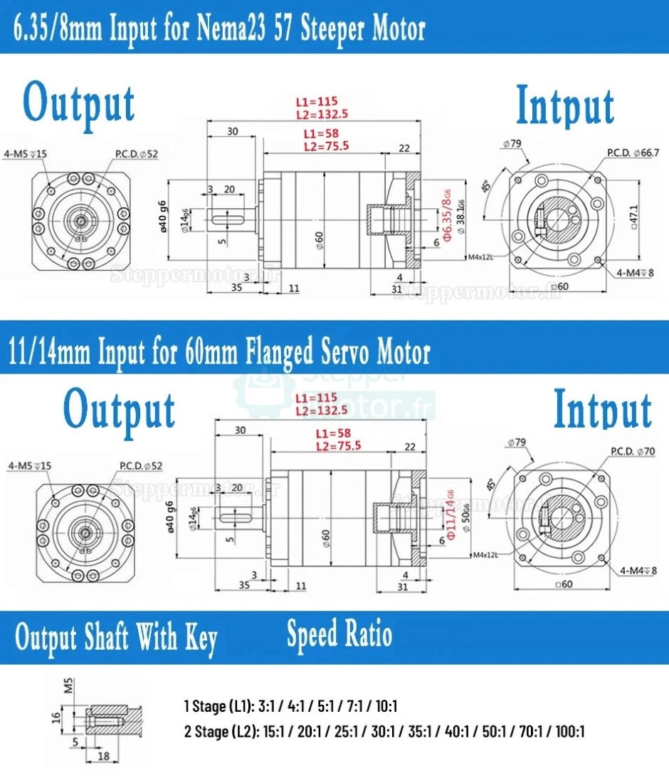 R&eacute;ducteur plan&eacute;taire PLE060 s&eacute;rie rapport 3:1 &agrave; 100:1 pour moteur pas &agrave; pas NEMA23 / Servomoteur AC 200W 400W 60 mm