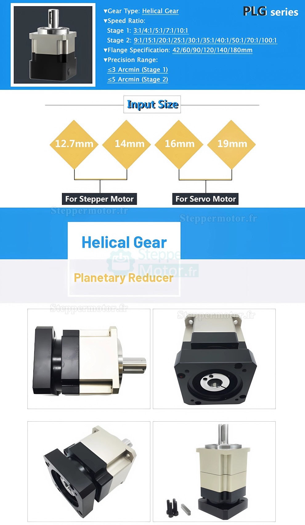 R&eacute;ducteur plan&eacute;taire h&eacute;lico&iuml;dal PLG090 rapport 3:1 - 100:1 pour moteur pas &agrave; pas NEMA 34 / servomoteur 80 mm 90 mm 750W &agrave; 1kW