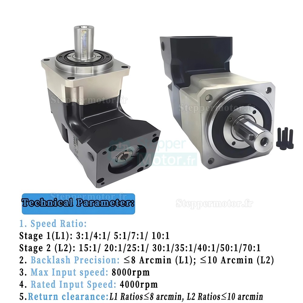 R&eacute;ducteur plan&eacute;taire &agrave; angle droit Nema 17 s&eacute;rie PLMG042 rapport 3:1 &agrave; 100:1 pour moteurs pas &agrave; pas NEMA 17 / servomoteurs de 40 mm