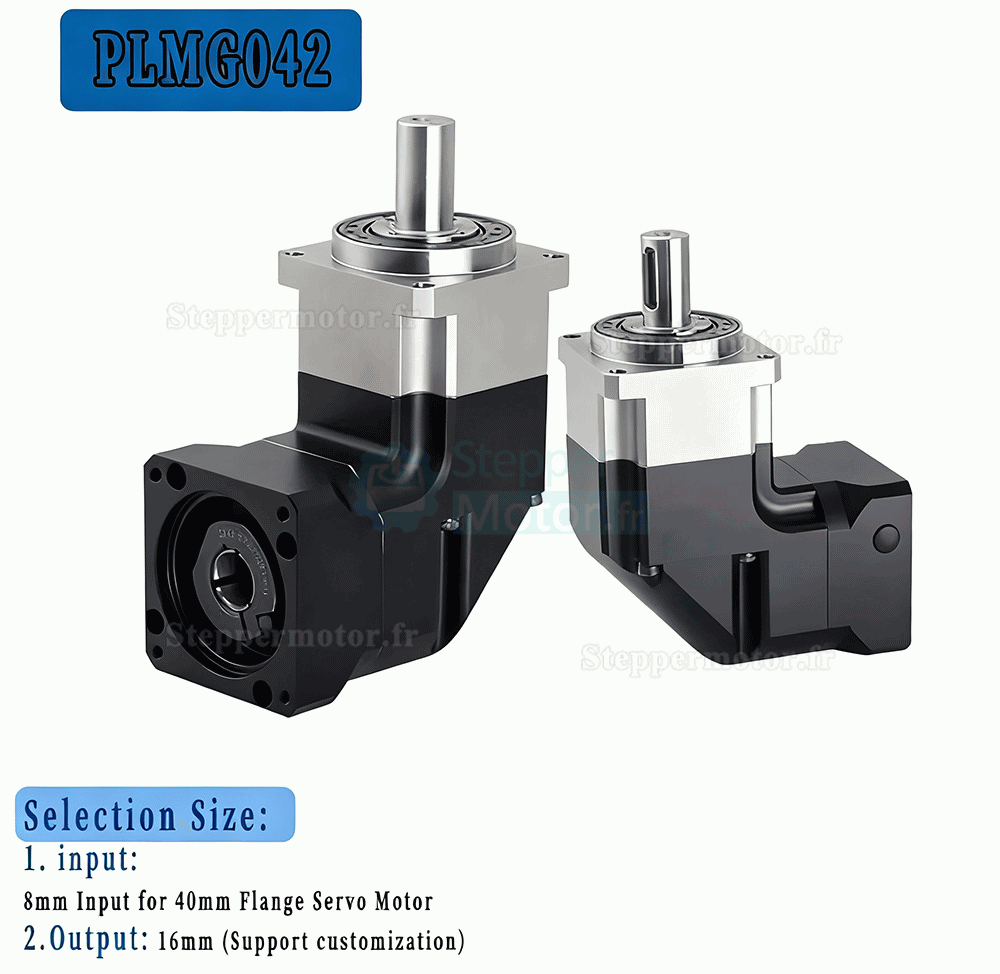 R&eacute;ducteur plan&eacute;taire &agrave; angle droit Nema 17 s&eacute;rie PLMG042 rapport 3:1 &agrave; 100:1 pour moteurs pas &agrave; pas NEMA 17 / servomoteurs de 40 mm