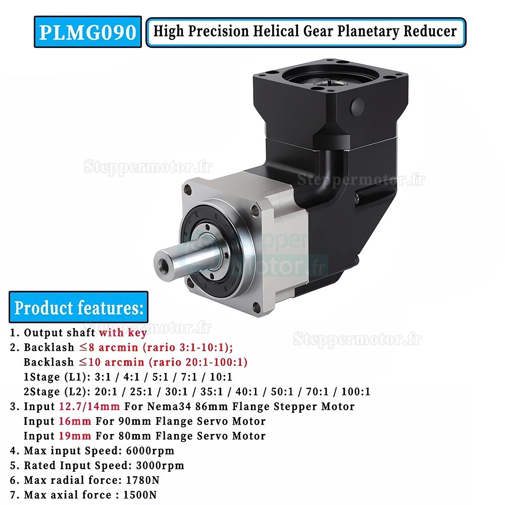 Réducteur planétaire à angle droit série PLMG090 rapport 3:1 à 100:1 pour moteurs pas à pas NEMA 34 / servomoteurs de 90 mm Réducteur planétaire à angle droit série PLMG090 rapport 3:1 à 100:1 pour moteurs pas à pas NEMA 34 / servomoteurs de 90 mm