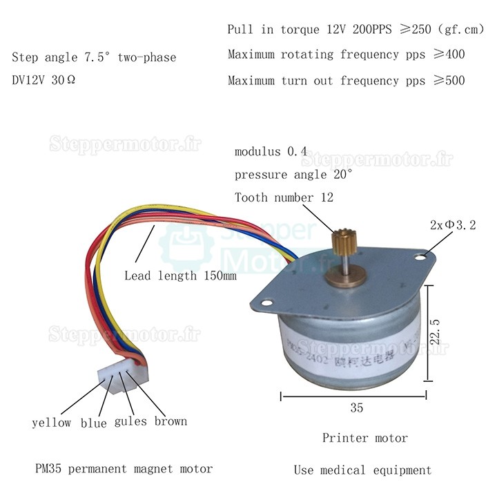 Moteur pas à pas à aimant permanent(PM) Oukeda OSP001469 7,5 degrés 2,45 Ncm 12 V biphasé Φ 35 mm pour imprimante