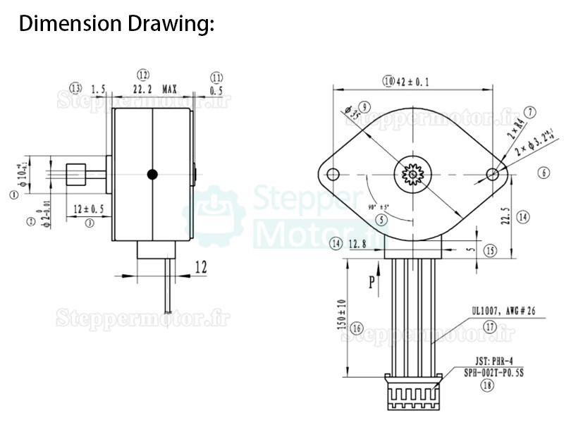 Moteur pas à pas à aimant permanent(PM) Oukeda OSP001469 7,5 degrés 2,45 Ncm 12 V biphasé Φ 35 mm pour imprimante