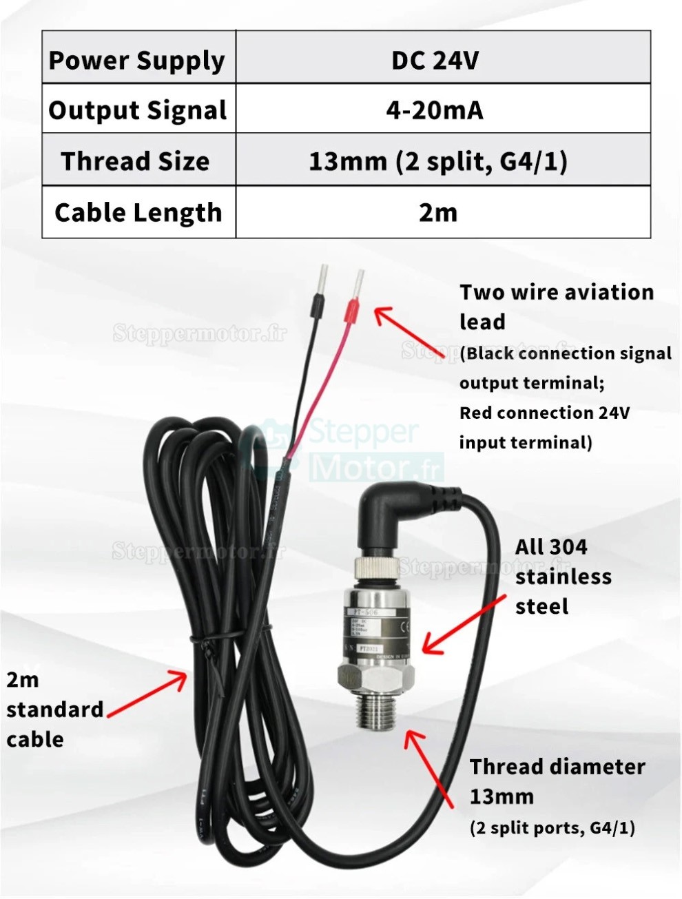 Capteur de pression PT506 24 V IP68 G1/4, avec c&acirc;ble de 2 m pour applications eau, gaz et hydraulique