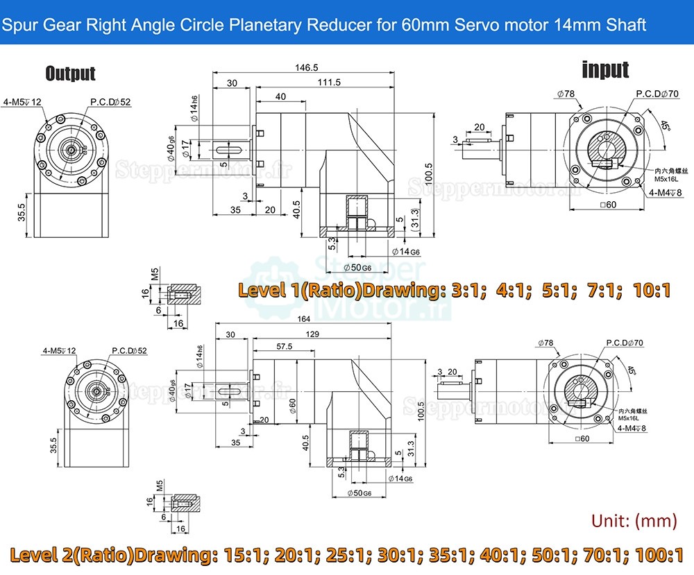 R&eacute;ducteur plan&eacute;taire &agrave; angle droit Nema 23 s&eacute;rie PVE060 rapport 3:1 &agrave; 100:1 pour moteurs pas &agrave; pas NEMA 23 / servomoteurs de 60 mm