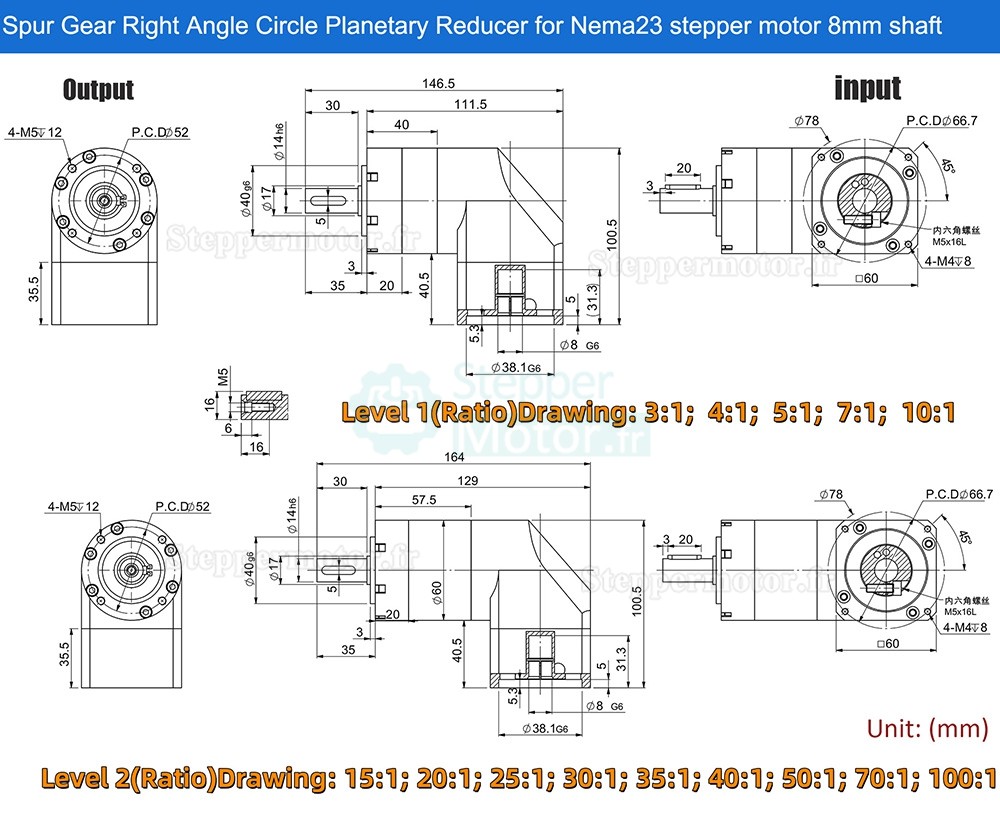 R&eacute;ducteur plan&eacute;taire &agrave; angle droit Nema 23 s&eacute;rie PVE060 rapport 3:1 &agrave; 100:1 pour moteurs pas &agrave; pas NEMA 23 / servomoteurs de 60 mm