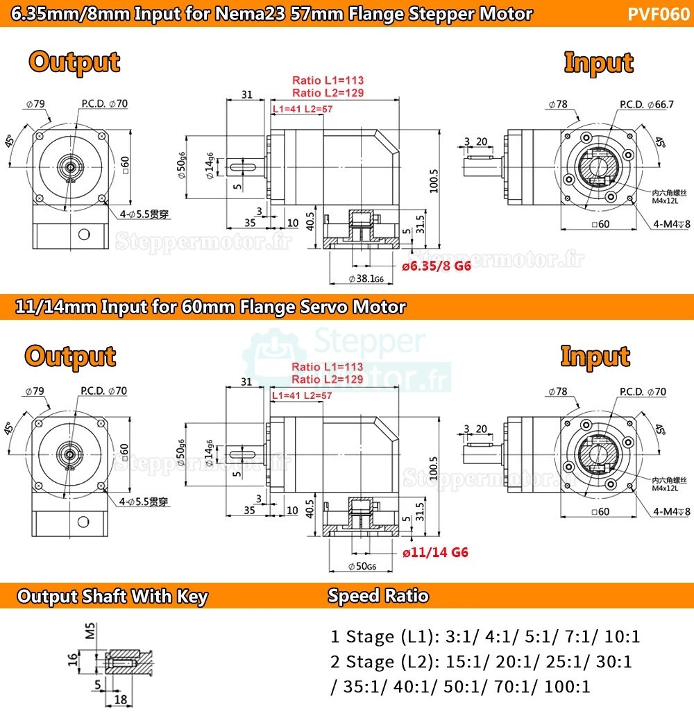Réducteur planétaire à angle droit Nema 23 série PVF060 rapport 3:1 à 100:1 pour moteur pas à pas Nema23 / servomoteur 60 mm Réducteur planétaire à angle droit Nema 23 série PVF060 rapport 3:1 à 100:1 pour moteur pas à pas Nema23 / servomoteur 60 mm