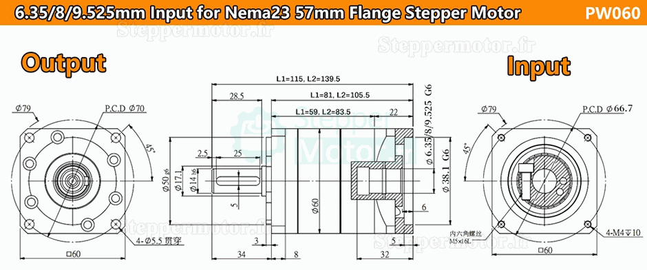 Réducteur planétaire hélicoïdal série PW060, arbre d'entrée 6,35/8/9,525/11/14 mm pour moteur pas à pas Nema23/Sveromoteur Nema 24