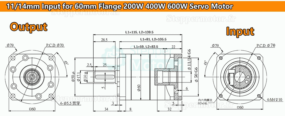 Réducteur planétaire hélicoïdal série PW060, arbre d'entrée 6,35/8/9,525/11/14 mm pour moteur pas à pas Nema23/Sveromoteur Nema 24
