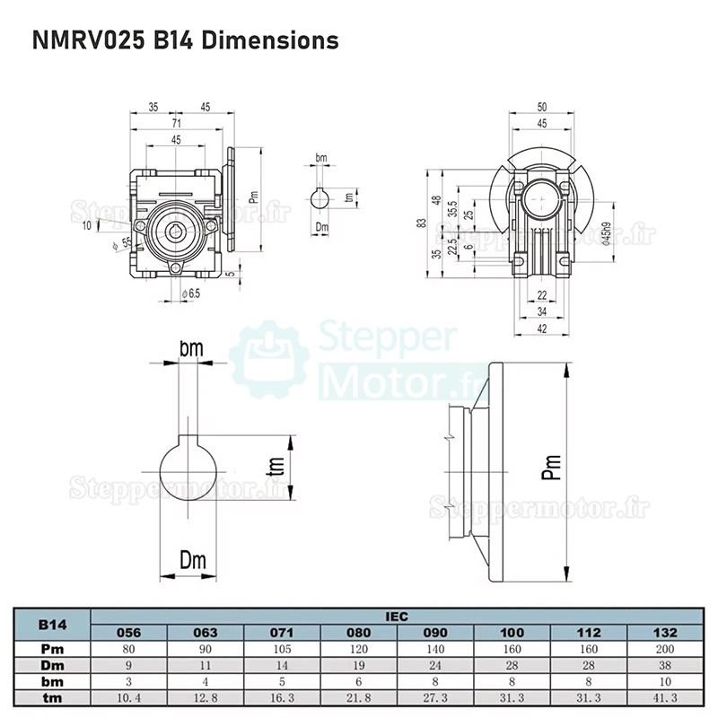 Réducteur à vis sans fin NMRV025 56B14 Rapport 10:1/20:1/30:1/40:1/50:1/60:1 Alésage d'entrée 9 mm