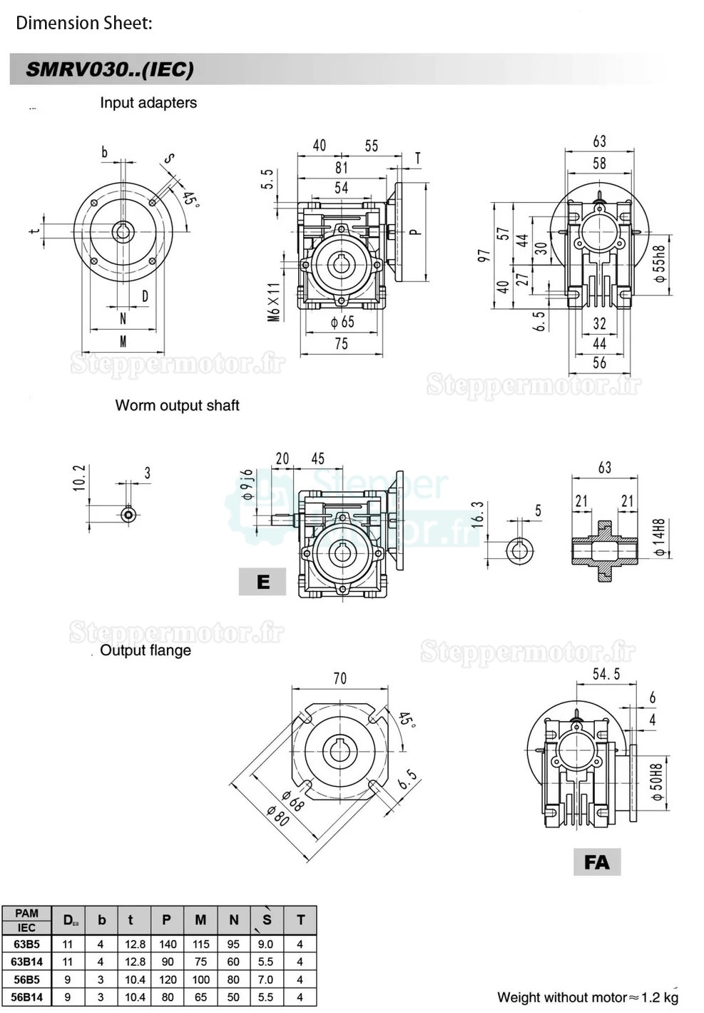 Réducteur à vis sans fin rond RV030 63B14/63B5 Rapport 5:1 10:1 20:1 30:1 40:1 50:1 :60:1 80:1 Alésage d'entrée 11 mm