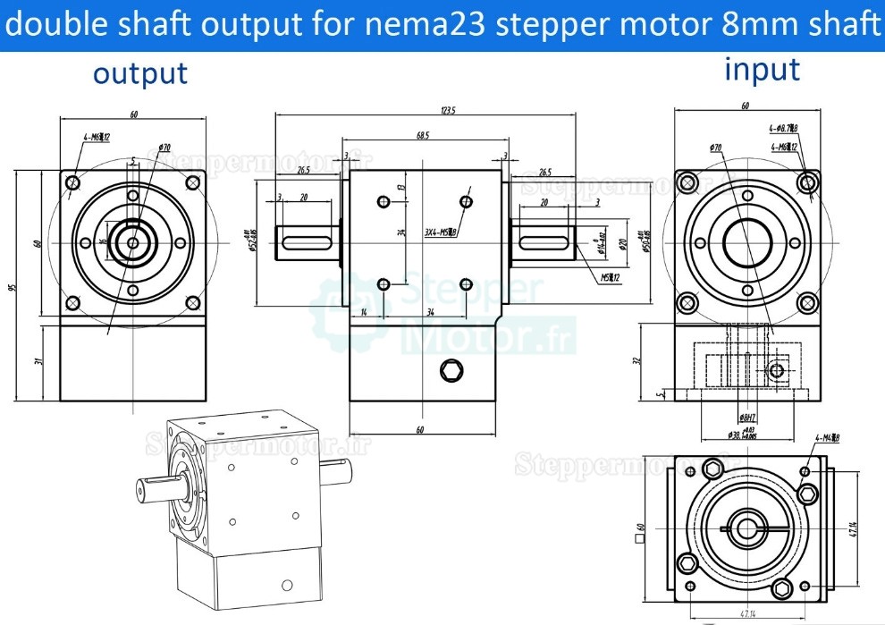 R&eacute;ducteurs &agrave; engrenage conique &agrave; angle droit Nema 23 rapport 2:1/3:1/5:1 pour moteur pas &agrave; pas Nema23