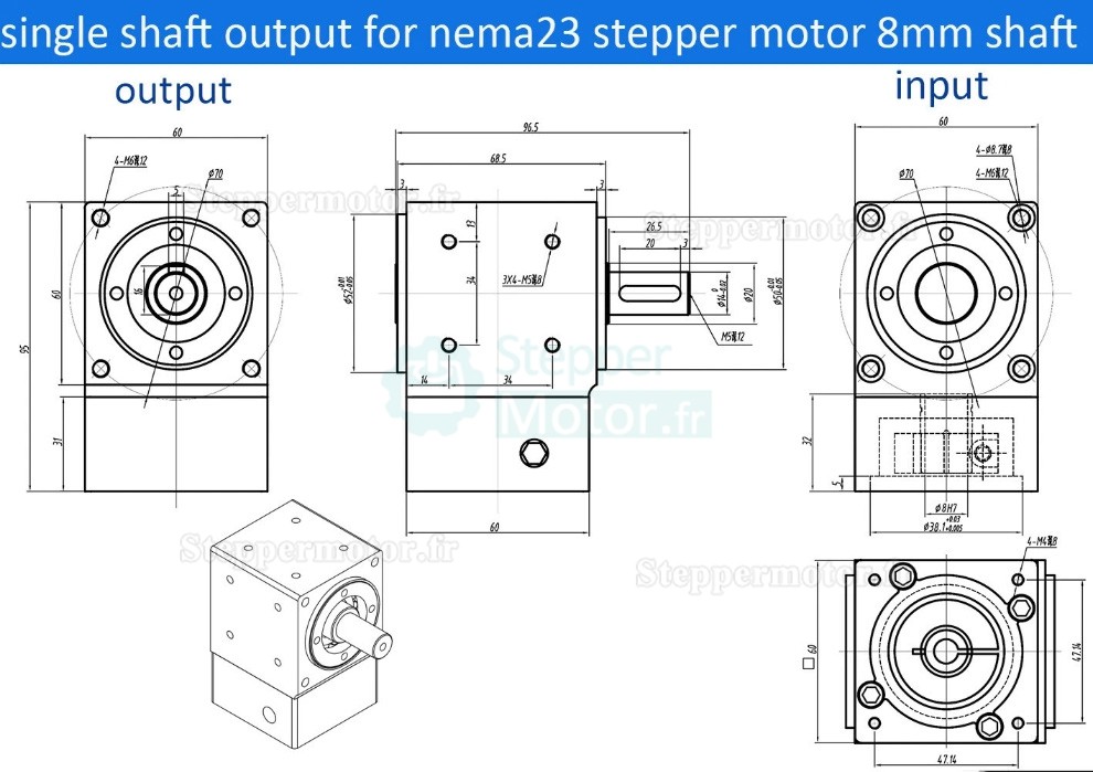 R&eacute;ducteurs &agrave; engrenage conique &agrave; angle droit Nema 23 rapport 2:1/3:1/5:1 pour moteur pas &agrave; pas Nema23