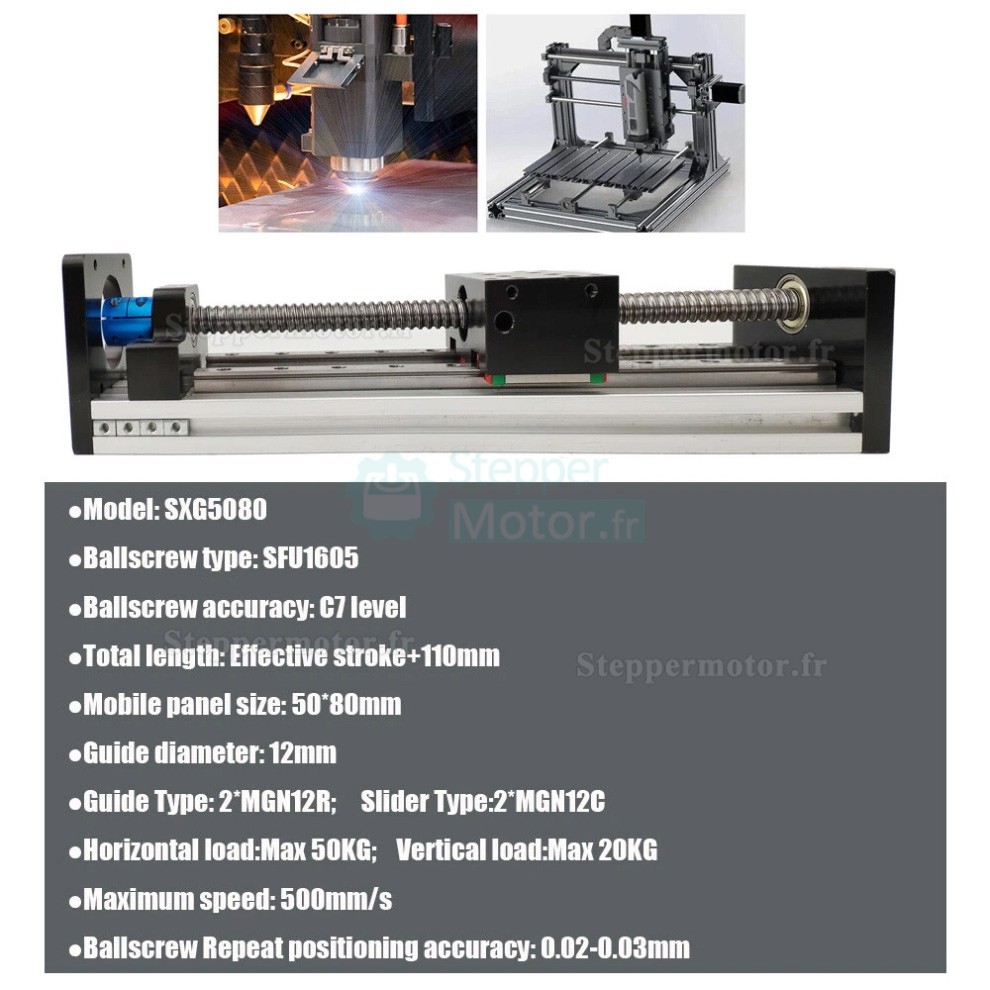 Unit&eacute;s lin&eacute;aires manuelle cnc SXG5080, table coulissante &agrave; vis &agrave; billes &agrave; double guidage manuel avec volant