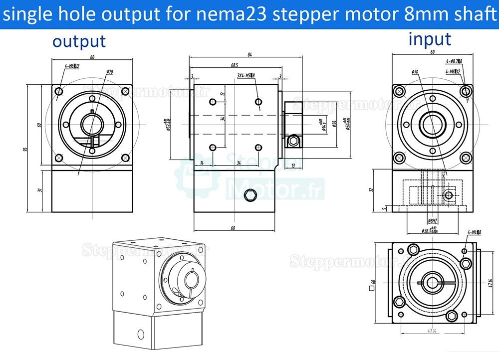R&eacute;ducteurs &agrave; engrenage conique &agrave; angle droit Nema 23 rapport 2:1/3:1/5:1 pour moteur pas &agrave; pas Nema23