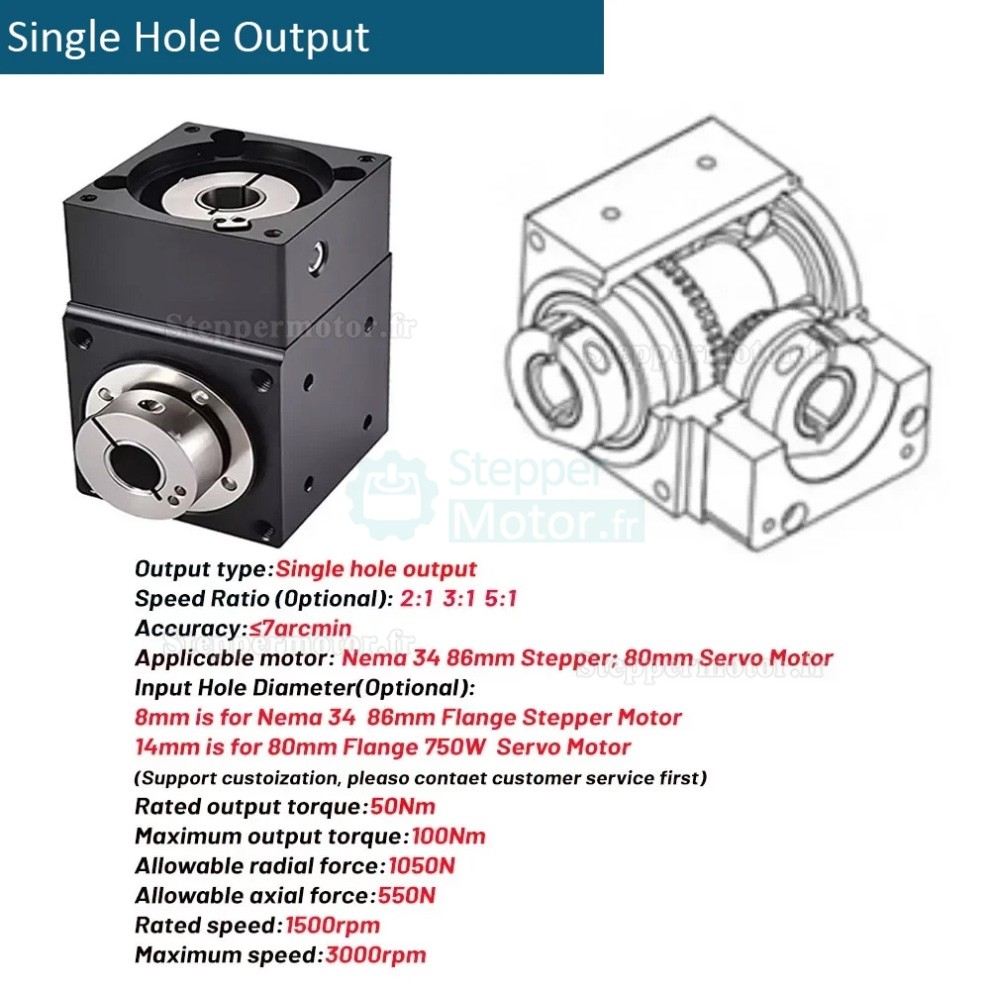 Réducteurs à engrenage conique à angle droit Nema 34 rapport 2:1/3:1/5:1 pour moteur pas à pas NEMA 34/servomoteur 80mm Réducteurs à engrenage conique à angle droit Nema 34 rapport 2:1/3:1/5:1 pour moteur pas à pas NEMA 34/servomoteur 80mm